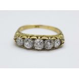 An 18ct gold five stone diamond ring, approximately 1carat diamond weight, 4.6g, Q