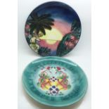 Two Moorcroft plates, one Birth of Light Millennium pattern by Nicola Slaney, one Spitalfields