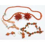 Four pairs of coral earrings, one pair a/f, a necklace and a bracelet