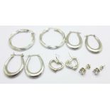 Five pairs of silver earrings, 24g