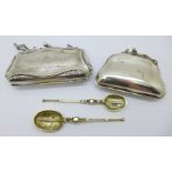 Two silver plated purses and two silver spoons, 30g