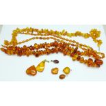 Three amber bead necklaces and six amber pendants