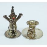 Two novelty, miniature hallmarked silver dolls house candlesticks