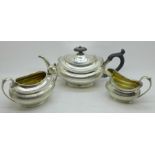 A Victorian silver three piece bachelor's tea service, London 1878, 604g