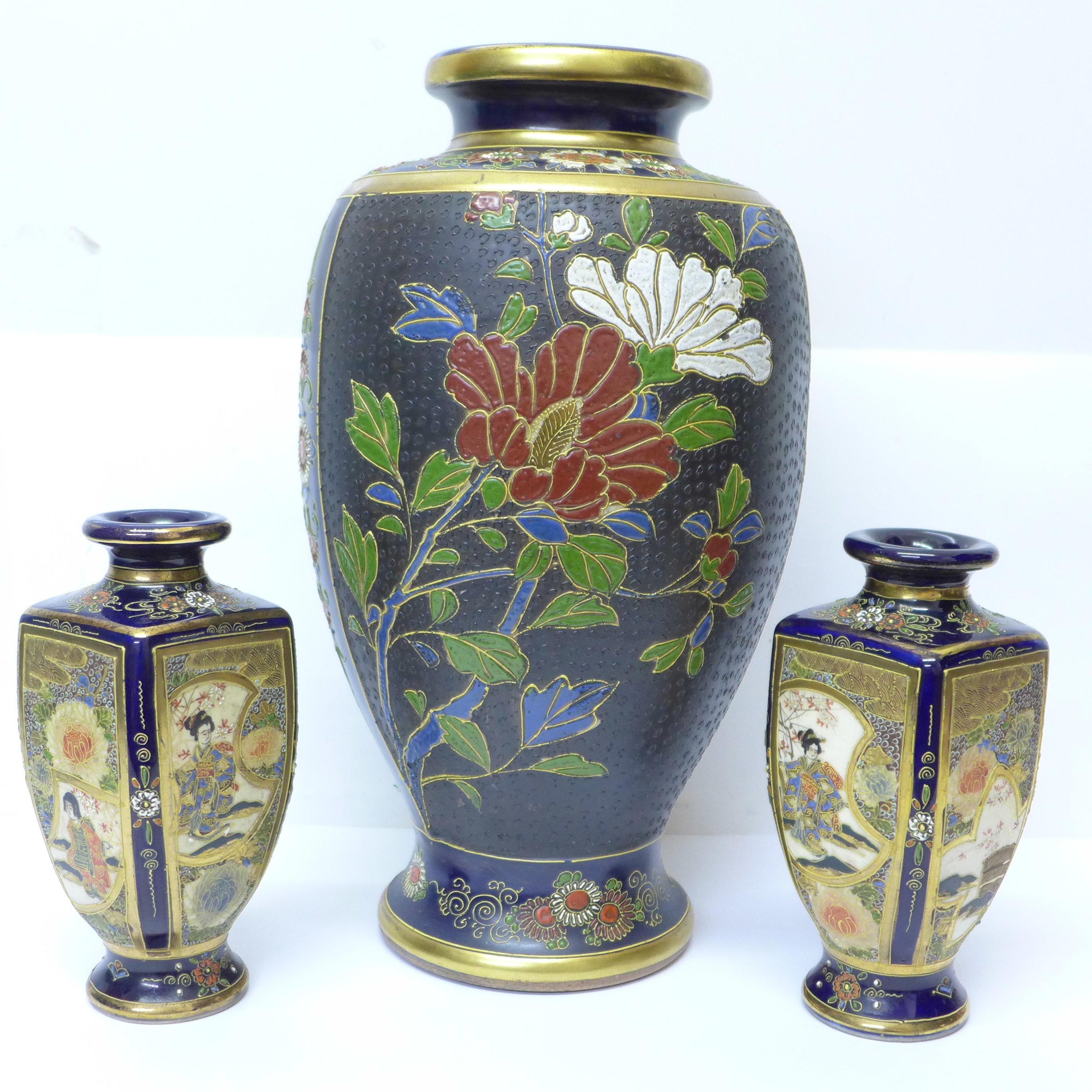 Three Japanese Satsuma pottery vases including a pair with square bodies, the largest 32cm high - Image 4 of 7