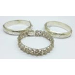 Two hallmarked silver bangles and an 800 silver filigree bangle, 56g