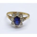 A 9ct gold, blue and white stone cluster ring, 2.4g, R