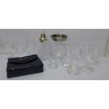 A collection of glassware including cut glass and a lady's evening bag with a long shoulder