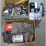 Three boxes of miscellaneous items, cameras, Viewmaster, lantern slides, music stands, tins, flat