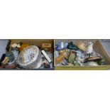 Two boxes of assorted items; decoy ducks, two owl figures, china, a glass rose bowl, etc. **PLEASE