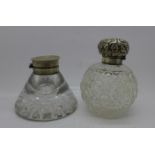 A Victorian silver topped ship's inkwell and a silver topped scent bottle, top dented, both hinges