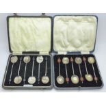 Two cased sets of six silver coffee bean spoons, 73g