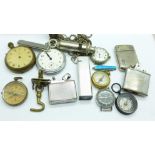 Four watches, three compasses, three lighters, a whistle, a small enamelled pocket knife, etc., a/f