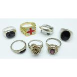 Seven silver rings including one silver gilt with St. George cross and set with diamonds, 37g