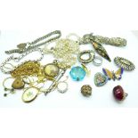 Costume jewellery, (butterfly brooch lacking pin, micro-mosaic brooch lacking hook)