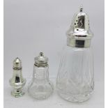 A cut glass silver topped salt, hallmarked Birmingham 1921, a silver salt pot, Birmingham 1925 by