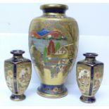 Three Japanese Satsuma pottery vases including a pair with square bodies, the largest 32cm high