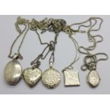 Five silver lockets with chains, 52g