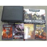 Four Warhammer books including Age of Sigmar and Harlequins and a Games Workshop carry case, etc.