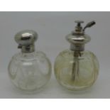 A silver topped globular glass scent bottle and a similar atomiser