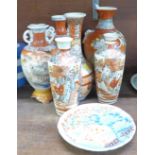 A pair of Oriental Satsuma vases, four others and a medium sized plate