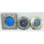 Three small silver photograph frames, a/f