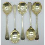 Five silver soup spoons, by Walker & Hall, 317g
