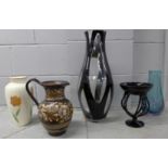A Poole vase, a studio pottery jug, a large glass vase, one other vase and a glass centrepiece, (