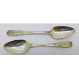 A pair of Georgian bright cut silver spoons, 21.5g