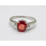 A 9ct white gold, diamond and red sapphire ring, 2.3g, N