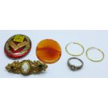 An enamelled Masonic plaque, a cameo brooch, a pair earrings, a silver ring and an unmounted agate