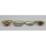 Four gold rings;- one 18ct gold, lacking stones, 2.7g, one 9ct gold, platinum and three stone