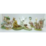 Nine Royal Albert Beatrix Potter figures, a Royal Osborne mice figure and a classic Pooh figure