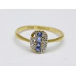 An Art Deco 18ct gold, diamond and sapphire ring, a/f, 1.8g, O