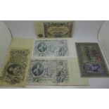 Five banknotes including two 1912 Peter The Great 500 Rubles and one 10,000 Kronen