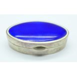 An oval, hallmarked silver and blue enamel pill box, Birmingham 1918, S.B.&S.Ld., Blanckensee &