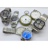 Five gentleman's wristwatches including Lorus, Fila, Polo and Casio and two pocket watches, pocket