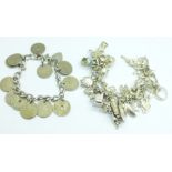 A silver charm bracelet and a silver bracelet with Norwegian coin charms, total weight 126g