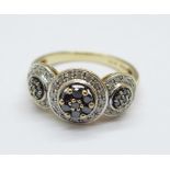 A 9ct gold, two colour diamond triple cluster ring, 0.50carat diamond weight, 3.5g, Q