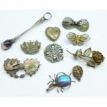 An insect pendant, seven brooches, (three a/f), etc.