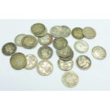 Assorted pre 1920 silver 3d coins, 32g