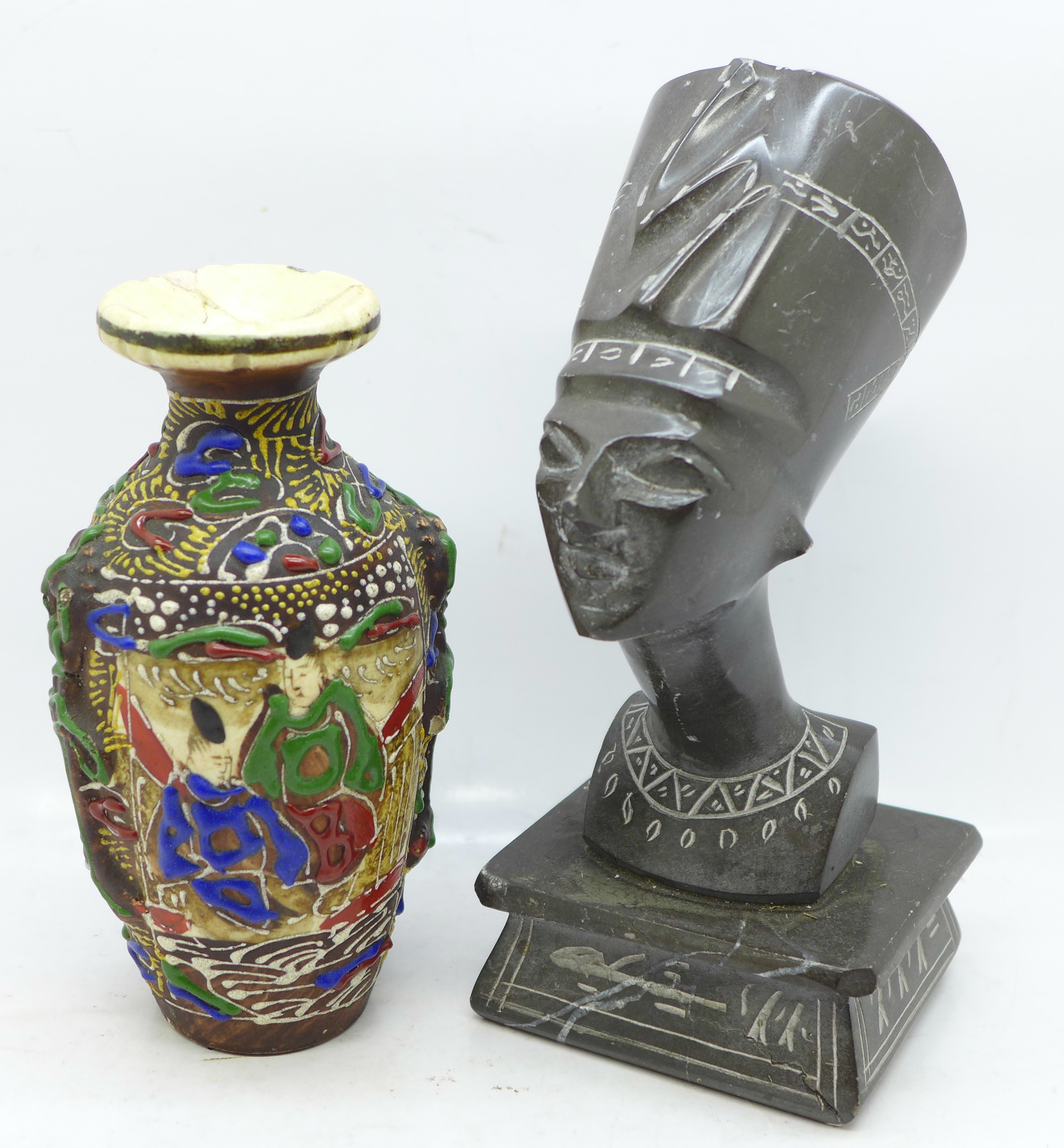 An oriental vase and a soapstone figure of an Egyptian queen, both a/f