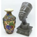 An oriental vase and a soapstone figure of an Egyptian queen, both a/f