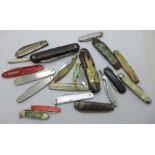 A collection of penknives including two novelty with fish handles, some a/f