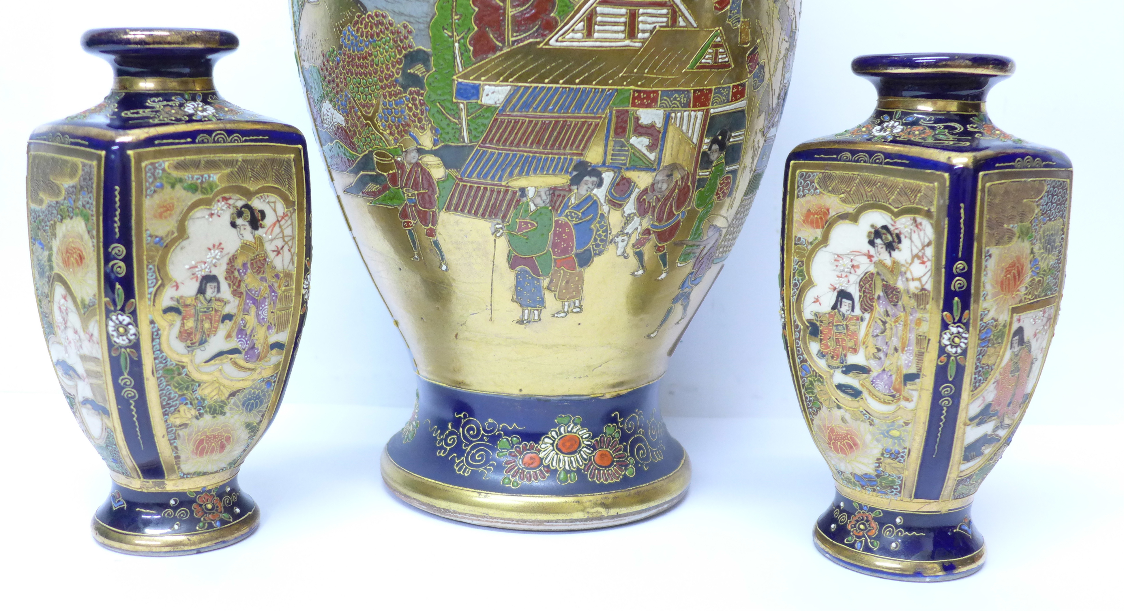 Three Japanese Satsuma pottery vases including a pair with square bodies, the largest 32cm high - Image 3 of 7