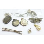 Three silver bracelets, three lockets, one a/f, two brooches including a Victorian silver rowing