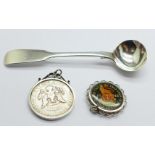A Victorian silver mustard spoon, a Kennedy silver ½ dollar and a mounted 1948 shilling piece