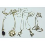 Four silver pendants including one Blue John and mother of pearl set, and five silver chains, 36g
