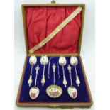 A set of six Victorian silver Soldiers of The Queen spoons with a pair of sugar bows and a sifter,