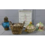 A jewellery chest, a lamp, a lidded pot, teapot and decorative egg **PLEASE NOTE THIS LOT IS NOT